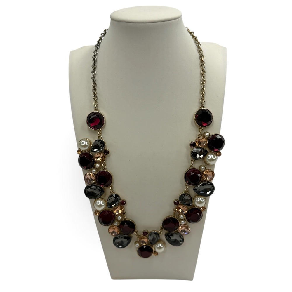 Gold Tone Burgundy Grey Faux Pearl Statement Bib Necklace Chic Beaded Y2K Chunky